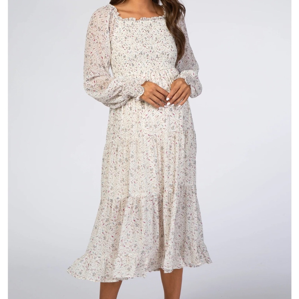 PinkBlush Ivory Floral Smocked Dress-Materniny and Non-Maternity Friendly